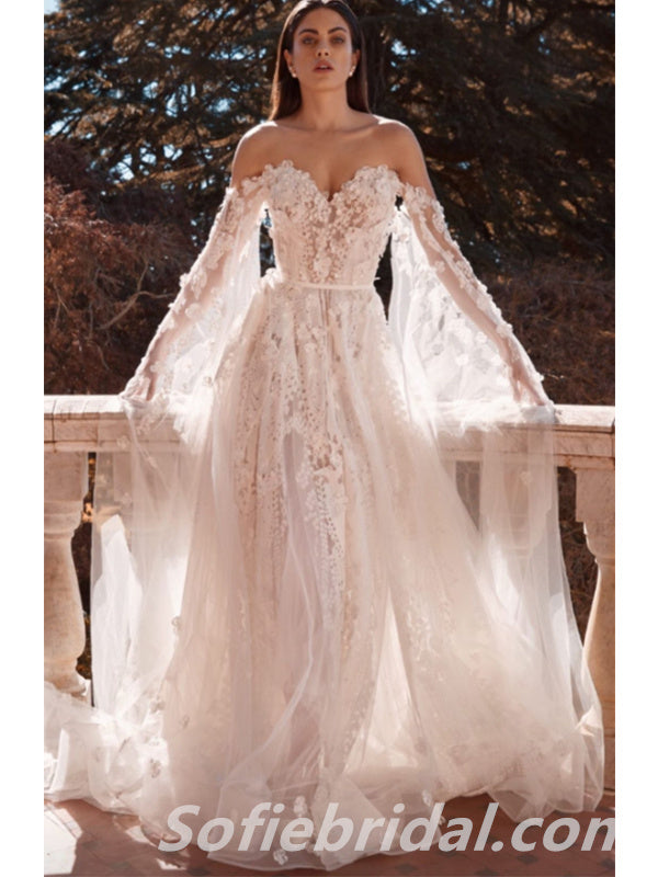 Gorgeous Tulle And Lace Ivory Sweetheart Long Sleeves Wedding Dresses With Applique,SFWD0062