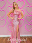 Sexy Pink Sequin One Shoulder Sleeveless Side Slit Mermaid Long Prom Dresses With Feather,SFPD0685