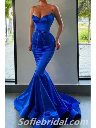 Sexy Satin Spaghetti Straps V-Neck Mermaid Long Prom Dresses,SFPD0296