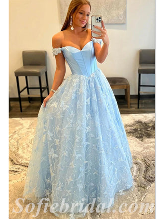 Elegant Tulle Off Shoulder V-Neck Long Sleeve A-Line Long Prom Dresses/Ball  Gown With Applique,SFPD0519