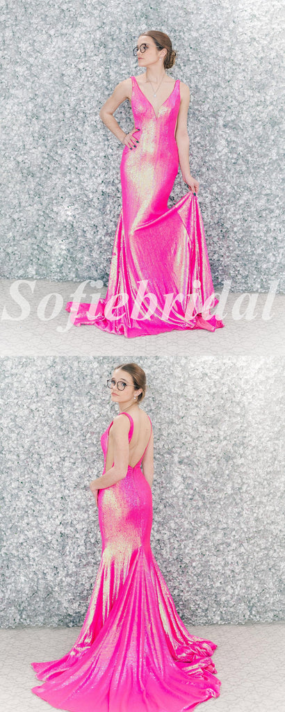 Sexy Special Fabric Spaghetti Straps V-Neck Sleeveless Mermaid Long Prom Dresses, PD0840