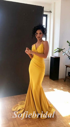 Sexy Satin Spaghetti Straps V-Neck sleeveless Mermaid Long Prom Dresses, PD0833