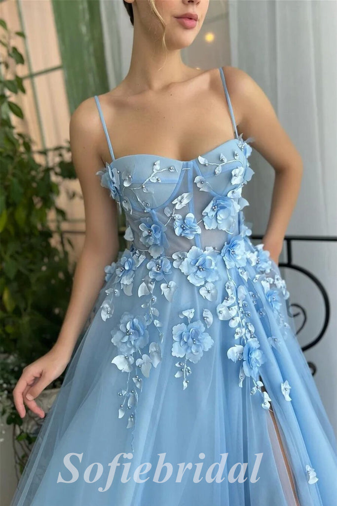 Elegant Blue Tulle Spaghetti Straps Side Slit A-Line Long Prom Dresses With Applique,SFPD0610
