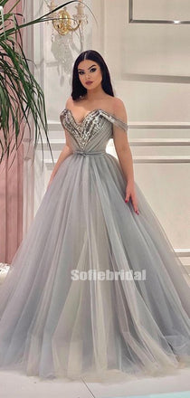 Newest Off-shoulder Tulle A-line Long Prom Dresses Online,SFPD0116