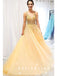 A-Line V-Neck Spaghetti Straps Yellow Tulle Long Prom Dresses With Beading,SFPD0007