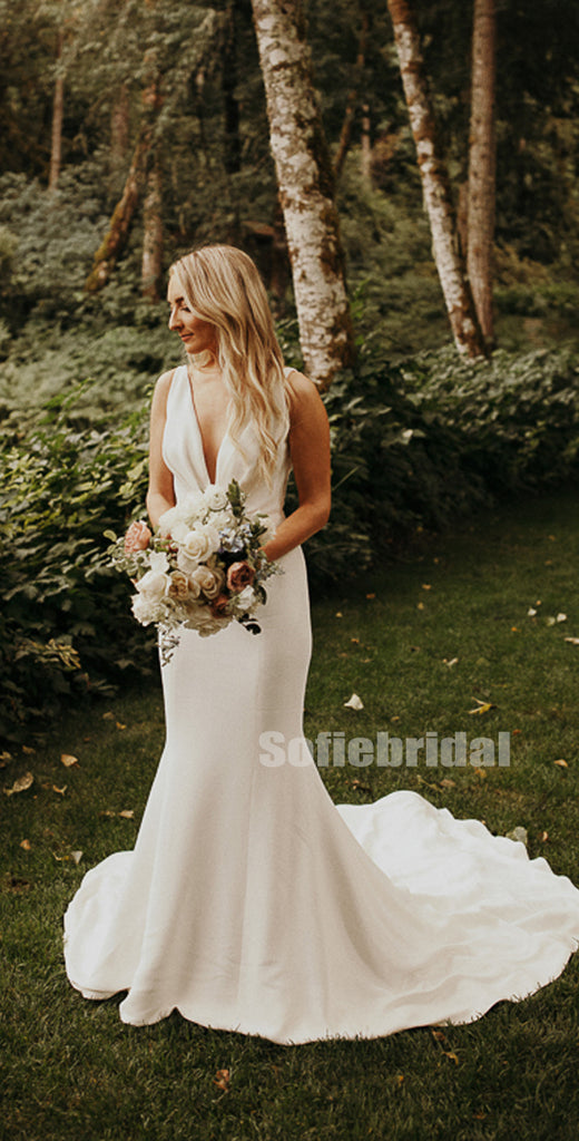 Simple V-neck Mermaid Sleeveless Long Wedding Dresses Online,SFWD0046