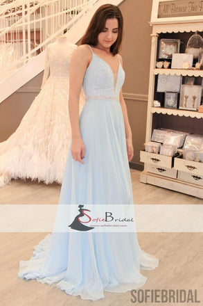 Spaghetti Beaded Light Blue Chiffon Prom Dresses, Formal Dresses, Evening Dresses, PD0473