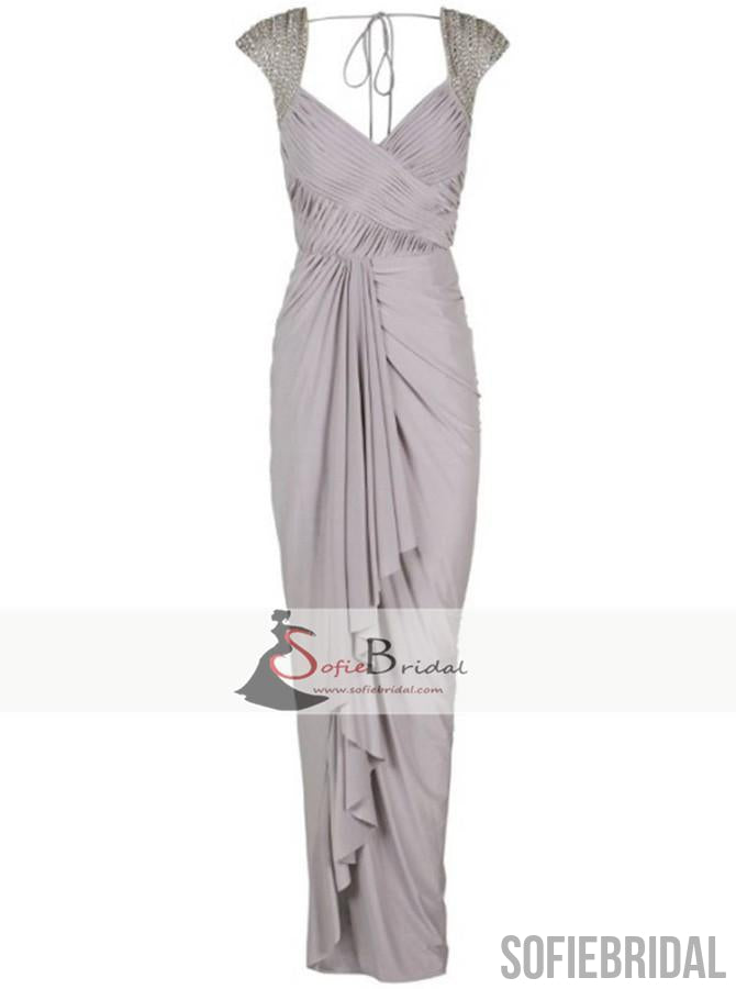 Cap Sleeve Beaded Jersey Grey Bridesmaid Dresses, Long Bridesmaid Dresses, Cheap Bridesmaid Dresses, PD0489