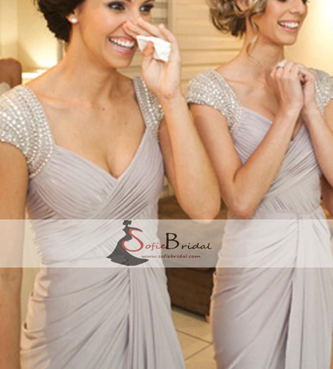 Cap Sleeve Beaded Jersey Grey Bridesmaid Dresses, Long Bridesmaid Dresses, Cheap Bridesmaid Dresses, PD0489