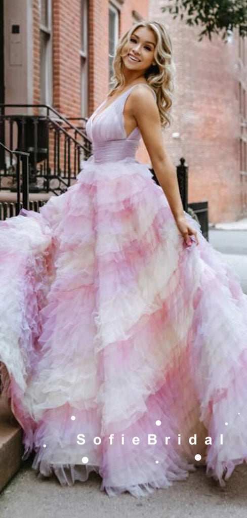 Alluring A-Line V-Neck Sleeveless Tulle Long Prom Dresses With Ruffles,SFPD0070