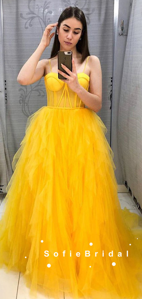 A-Line Sweetheart Spaghetti Straps Yellow Tulle Long Prom Dresses Online,SFPD0072