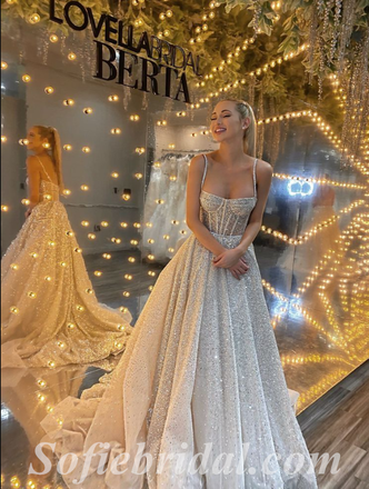 Shiny Elegant Spaghetti Straps Sleeveless A-Line Long Wedding Dresses,SFWD0072