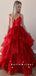 Sparkly A-Line V-Neck Spaghetti Straps Red Long Prom Dresses With Beading,SFPD0074