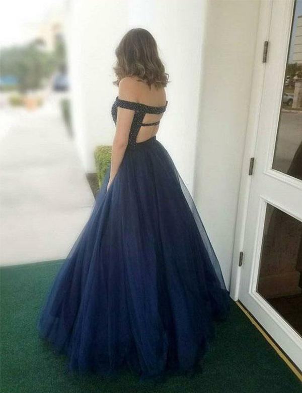 off shoulder midnight tulle prom dress Off Shoulder A-Line Tulle Black Gothic Long Prom Dress, DP4191 DSProm