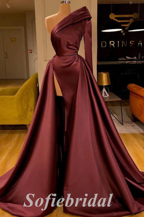 Sexy One Shoulder Long Sleeve Side Slit Mermaid Long Prom Dresses With Trailing,SFPD0704