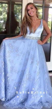 A-Line Deep V-Neck Sleeveless Tulle Lace Long Prom Dresses With Beading,SFPD0075
