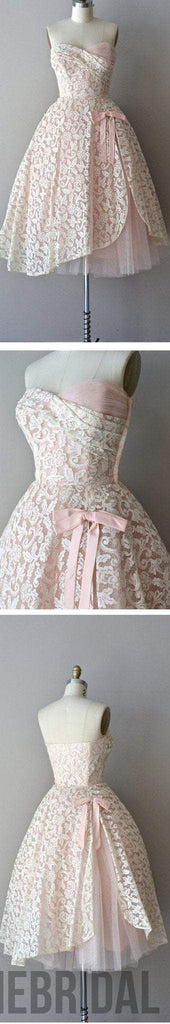 Strapless pink lace unique style vintage cheap homecoming prom gowns dress,BD0075