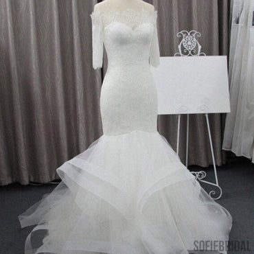 Vantage Off Shoulder Half Sleeve Lace Sexy Mermaid Wedding Party Dresses, WD0075