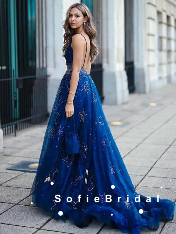 A-Line Deep V-Neck Spaghetti Straps Navy Blue Long Prom Dresses With B –  SofieBridal