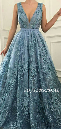 A-line V-neck Sleeveless Appliques And Beading Long Prom Dresses, PD1020