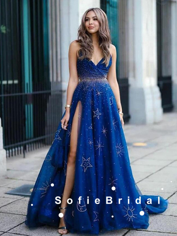A-Line Deep V-Neck Spaghetti Straps Navy Blue Long Prom Dresses With Beading,SFPD0076 A-Line Deep V-Neck Spaghetti Straps Navy Blue Long Prom Dresses With Beading,SFPD0076