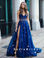 A-Line Deep V-Neck Spaghetti Straps Navy Blue Long Prom Dresses With Beading,SFPD0076