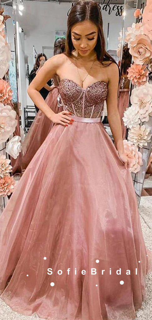 A-Line Sweetheart Tulle Long Prom Dresses With Beading,SFPD0077