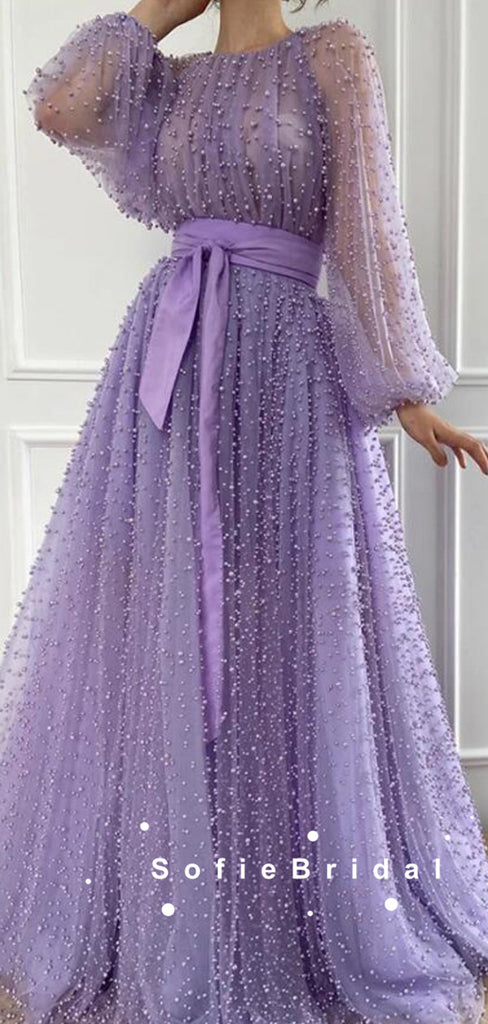 A-Line Round Neck Tulle Long Sleeves Prom Dresses With Ribbon,SFPD0078
