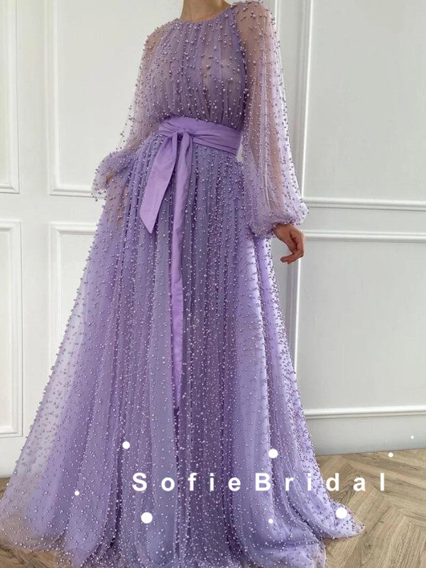A-Line Round Neck Tulle Long Sleeves Prom Dresses With Ribbon,SFPD0078
