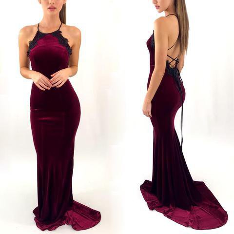 Spaghetti Mermaid Black Lace Velvet Prom Dresses, Lace Up Newest Prom Dresses,PD0343