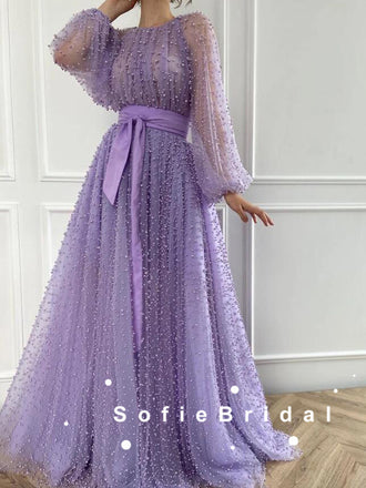 A-Line Round Neck Tulle Long Sleeves Prom Dresses With Ribbon,SFPD0078