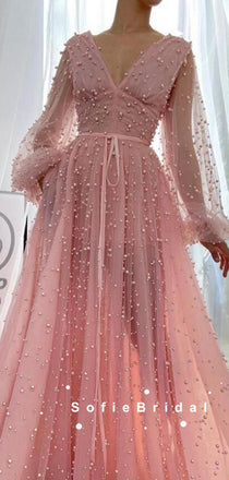A-Line V-Neck Long Sleeves Pink Tulle Long Prom Dresses With Beading,SFPD0079