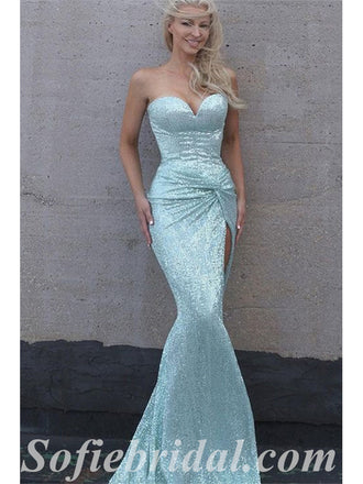 Sexy Shiny Sequin Sweetheart V-Neck Sleeveless Side Slit Mermaid Long Prom Dresses,SFPD0604