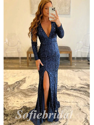 Sexy Sequin Deep V-Neck Long Sleeve Side Slit mermaidLong Prom Dresses,SFPD0625