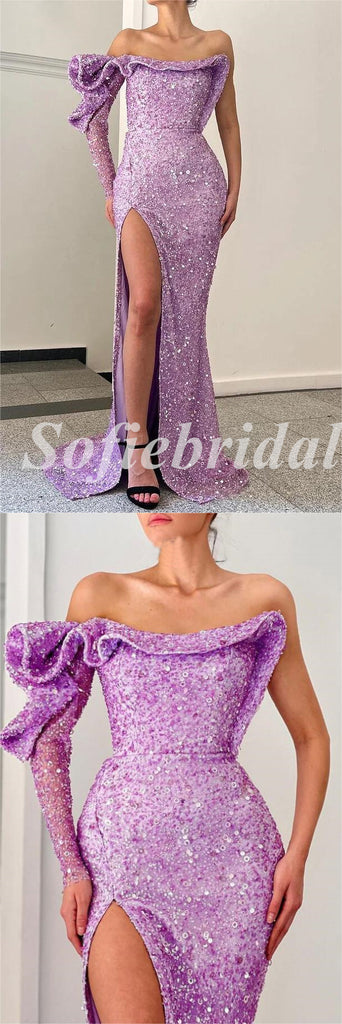 Sexy Sequin One Shoulder Long Sleeve Side Slit Mermaid Long Prom Dresses,SFPD0670