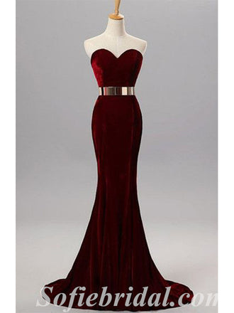 Sexy Burgandy Velvet Sweetheart Sleeveless Mermaid Long Prom Dresses With Metal Belt,SFPD0427