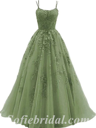Elegant Tulle And Lace Spaghetti Straps Sleeveless A-Line Long Prom Dresses/Ball Gown With Applique,SFPD0521