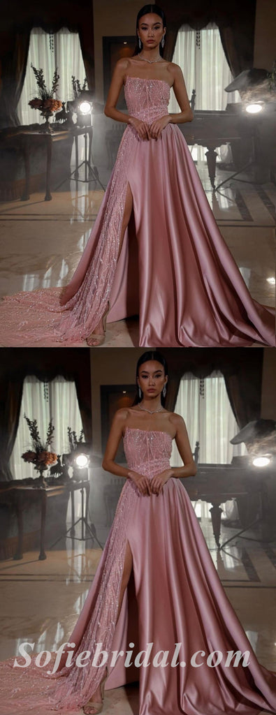 Shiny Satin Tulle Sweetheart Sleeveless Side Slit A-Line Long Prom Dresses/Evening Dresses,SFPD0360
