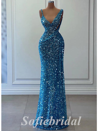 Sexy Sequin Spaghetti Straps V-Neck Mermaid Long Prom Dresses ,PD0763