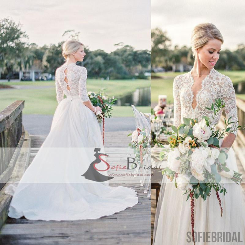 Elegant Lace Top Wedding Dresses, Half Sleeves Tulle Bridal Gown, Wedding Dresses, WD0264