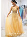 A-Line V-Neck Spaghetti Straps Yellow Tulle Long Prom Dresses With Beading,SFPD0007