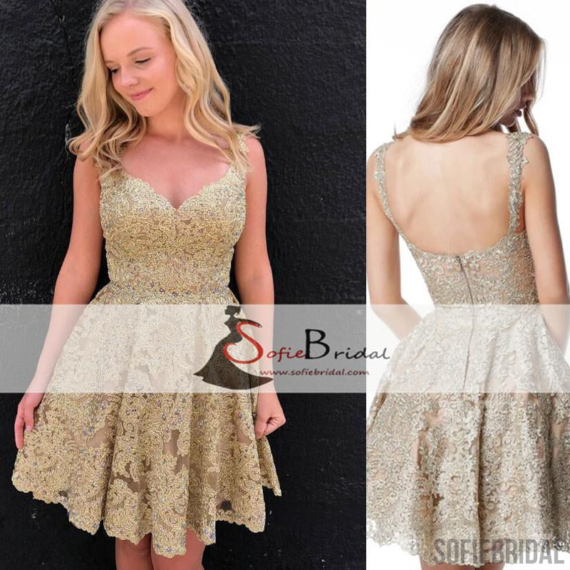 Strap Lace Beaded Short Prom Dresses, Lovely Homecoming Dresses, Homecoming Dresses, SF0096