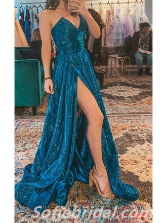 Sexy Special Fabric Sweetheart V-Neck Sleeveless Side Slit A-Line Long Prom Dresses,SFPD0298