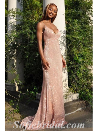 Sexy Sequin Tulle Spaghetti Straps V-Neck Sleeveless Mermaid Long Prom Dresses,SFPD0492