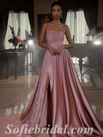 Shiny Satin Tulle Sweetheart Sleeveless Side Slit A-Line Long Prom Dresses/Evening Dresses,SFPD0360