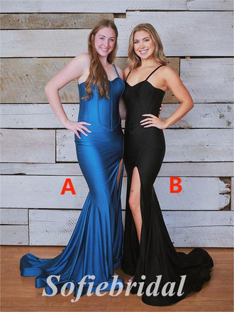 Sexy Soft Satin And Velvet Spaghetti Straps  Side Slit Mermaid Long Prom Dresses, PD0946