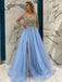 Popular V-neck A-line Tulle Side Slit Long Prom Dresses,SFPD0147