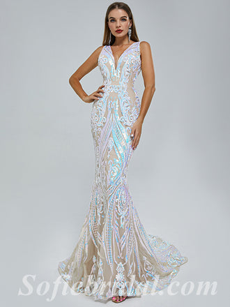 Elegant Special Fabric Spaghetti Straps V-Neck Sleeveless Mermaid Long Prom Dresses,SFPD0343