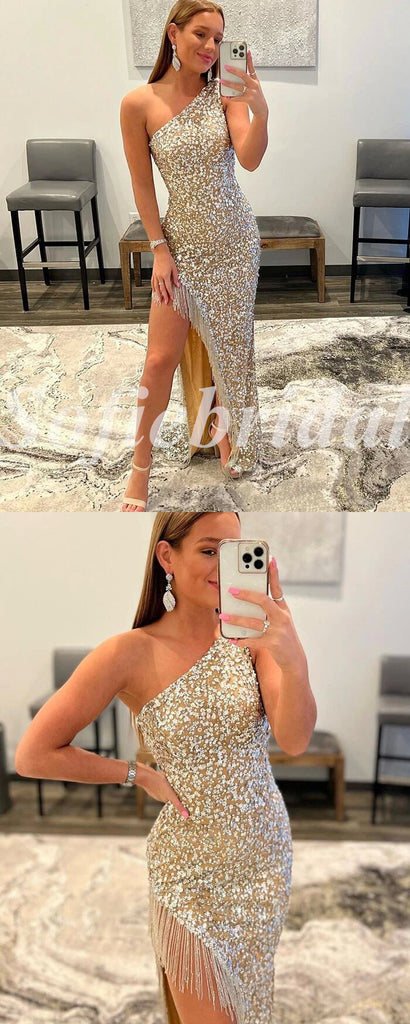 Sexy Sequin One Shoulder Sleeveless Side Slit Mermaid Long Prom Dresses,PD0800