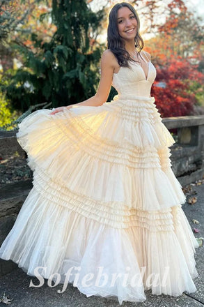 Sexy Tulle Spaghetti Straps V-Neck A-Line Long Prom Dresses, PD0847